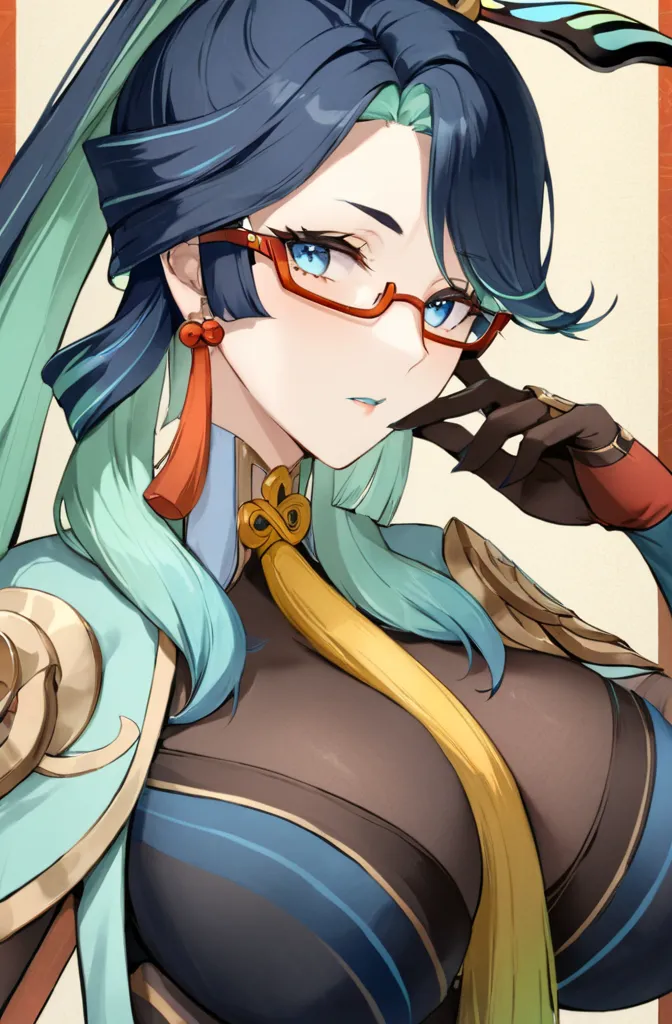  masterpiece,  The best quality ï¼ ï¼ a girl, glasses, Alone ,  breasts,   multicolored _hair, Gloves, negro_hair, looking_en_ spectator , long_hair,  superior _ Body, two-tone_hair, make-up, semi-rimless _glasses,  ponytail , big_ breasts, blue_eyes, blue...