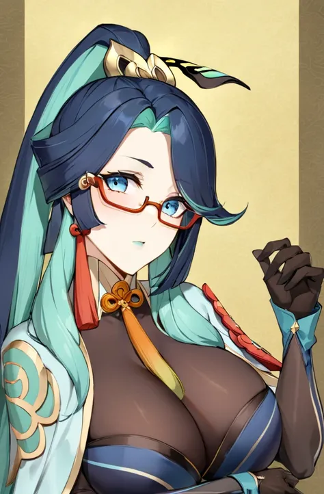  masterpiece,  The best quality ï¼ ï¼ a girl, glasses, Alone ,  breasts,   multicolored _hair, Gloves, negro_hair, looking_en_ spectator , long_hair,  superior _ Body, two-tone_hair, make-up, semi-rimless _glasses,  ponytail , big_ breasts, blue_eyes, blue...