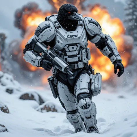 Black Muscular humanoid crow, special forces soldier donned in modern white, snow camo special forces armor. His beak is shiny silver. Dynamically running from massive explosions behind him. Dynamic snow covered battlefield background. Clutching a large be...