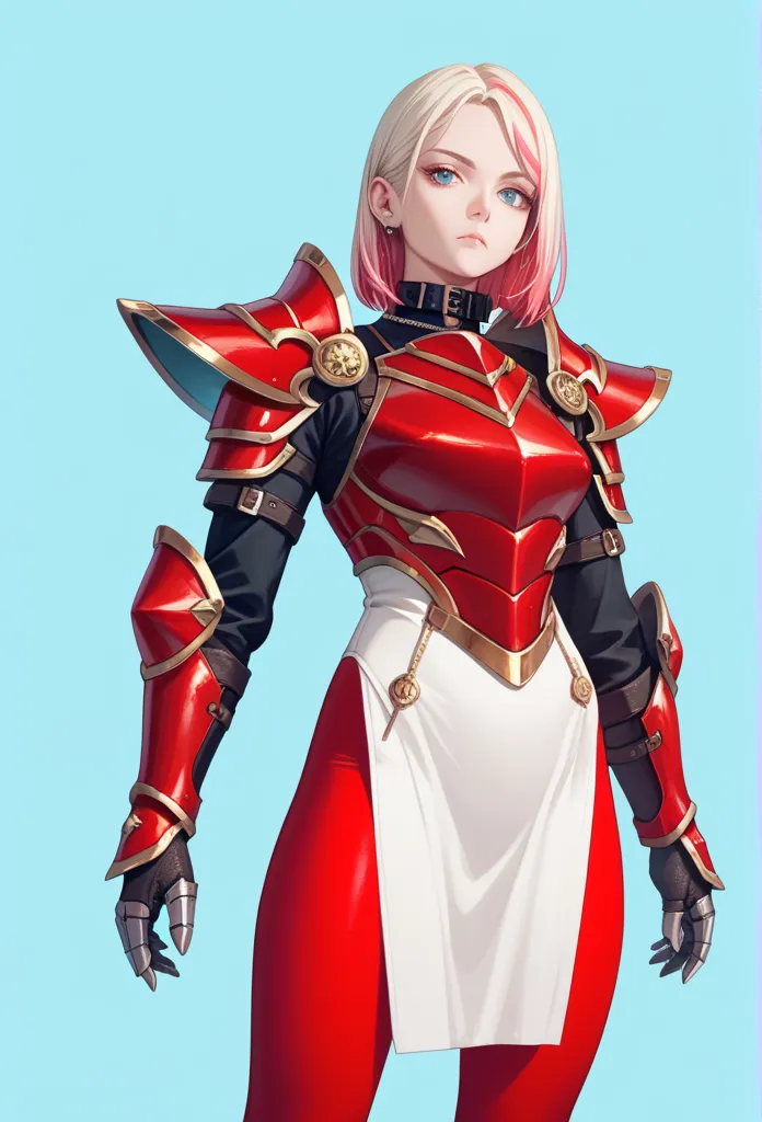 Alone , 1 girl, Cha hae-in ,  expressionless ,  looking at the spectator,  blond hair, red armor,  black collar,  shoulder armor,  Long Sleeves Leather, Gauntlets,  white pelvic curtain , Red leggings,  masterpiece,  the best quality ,  rating : General,  ...