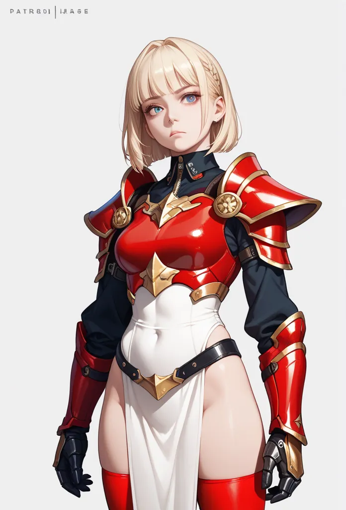 Alone , 1 girl, Cha hae-in ,  expressionless ,  looking at the spectator,  blond hair, red armor,  black collar,  shoulder armor,  Long Sleeves Leather, Gauntlets,  white pelvic curtain , Red leggings,  masterpiece,  the best quality ,  rating : General,  ...