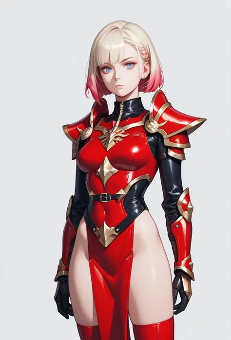 Alone , 1 girl, Cha hae-in ,  expressionless ,  looking at the spectator,  blond hair, red armor,  black collar,  shoulder armor,  Long Sleeves Leather, Gauntlets,  white pelvic curtain , Red leggings,  masterpiece,  the best quality ,  rating : General,  ...