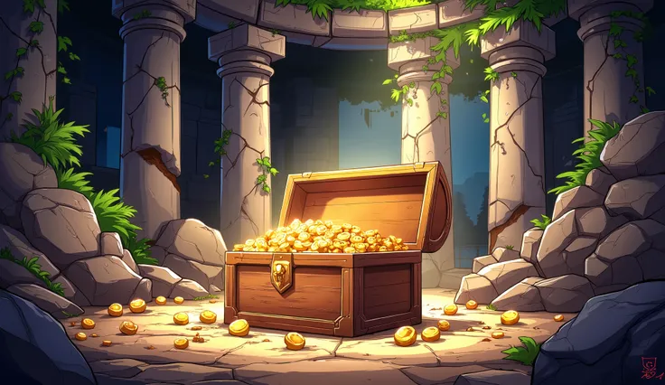 An old, abandoned temple in ruins, with towering stone pillars—some broken and crumbling. Large rocks have fallen and are scattered across the scene, forming small piles of debris. Vines and tendrils creep over the temple walls, wrapping around the fallen ...
