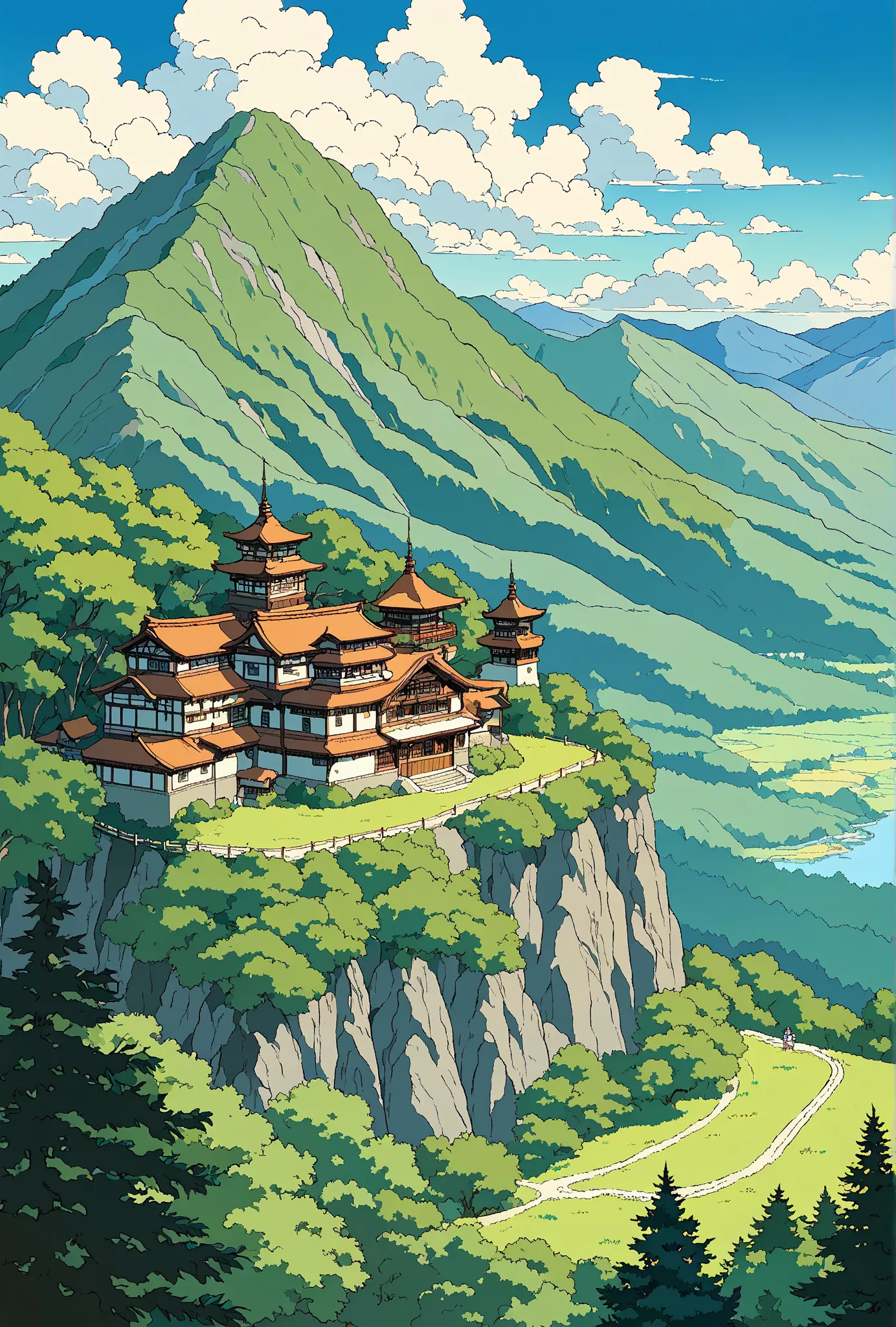  (Highest quality)(Super detailed), masterpiece, high completion,(simple colouring, line art, ghibli, ghibli scene, ghibli art style:1.2),High angle, view from high, mountain, mountain ridge, mountain in the distance, mountain with branches,