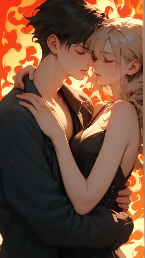 Male and Female Couple Embrace with Medium Breasts Anime Style Half Body Flaming Background