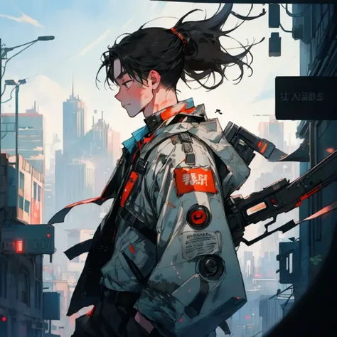 ( great quality), ( perfect image), 1 young boy,  slim body, ( ragged clothes), walking downhill on the streets of a futuristic city, (profile view).