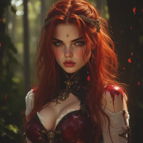   FULL PHOTO OF AN EXTREMELY BEAUTIFUL 18-YEAR-OLD WOMAN, VERY LONG AND VERY BEAUTIFUL DARK RED HAIR THAT FALLS ON HER SHOULDERS LIKE A WATERFALL IN LIGHT WAVES,  HAS IT SEMI-GATHERED WITH TWO SMALL BRAIDS, A CROWN OF GOLDEN BONES, UNIQUE GREEN EYES THAT S...