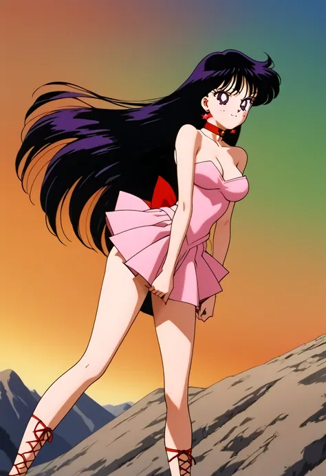 rei hino,  very long hair ,  black hair ,  split bangs ,  purple eyes,  90's style, 1 girl, alone,  best quality,  masterpiece,  high definition, strapless, a tight pink dress with short sleeves with bare shoulders,  of foot, arms at your sides, collar, in...