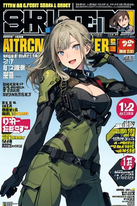 (from below:1.2, best quality ),1girl, solo, perfect, best quality, masterpiece, beautiful, pretty,female orbital drop shock trooper, green combat suit, futuristic body armor, large breasts, cleavage, cargo pants, long brown hair, ponytail, blue eyes, tact...