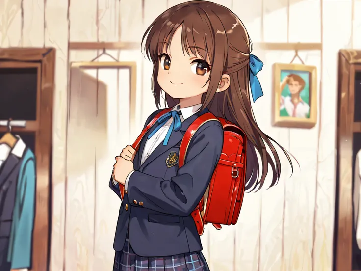 (Top Quality), (Very Aesthetic), (Super Detailed), (Best Illustration), Loli, Solo Female, female , Girl, half updo, Blue Ribbon, Long Hair, Straight Hair, Sideburns, Center Parting, Brown Hair, Brown Eyes, Smiling, (flat breast), (school uniform, blazer, ...