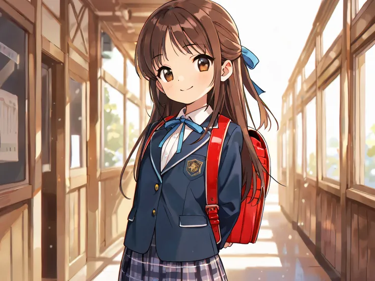 (Top Quality), (Very Aesthetic), (Super Detailed), (Best Illustration), Loli, Solo Female, female , Girl, half updo, Blue Ribbon, Long Hair, Straight Hair, Sideburns, Center Parting, Brown Hair, Brown Eyes, Smiling, (flat breast), (school uniform, blazer, ...
