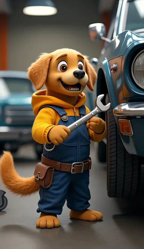 High-resolution, realistic 3D render of the Golden Retriever mechanic, still in its dark blue overall, yellow hoodie, and tool belt. Now, it is gripping a large silver wrench with both paws, trying to loosen a tight bolt on the car’s undercarriage. Its tee...