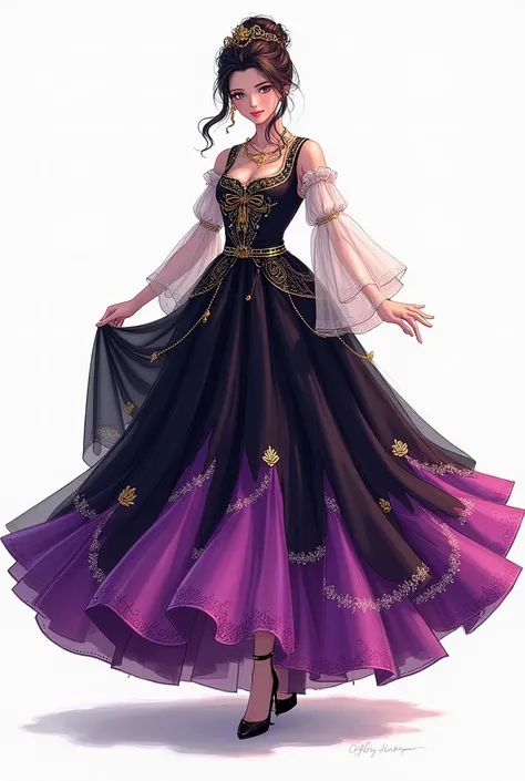 Imagine a vibrant junino costume sketch, featuring a voluminous petticoat in deep black and rich violet hues. The flowing skirt rises elegantly, adorned with intricate golden embellishments that catch the light. The overall design exudes a festive spirit, ...