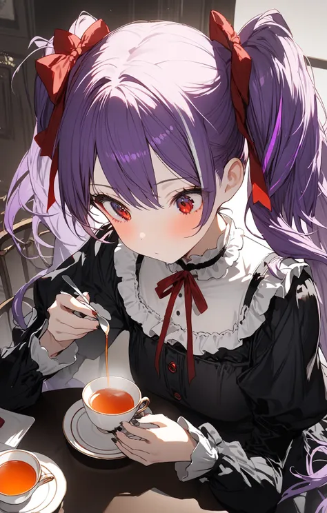 
1 girl,How tall is an 18-year-old, purple hair ,Red Eyes, twin tails,silver streaked hair, with 2 red ribbons on the head,black gothic lolita dress, tea time,drinking coffee,table, 🍴, table manners,diffused light,looking away
masterpiece,best quality,amaz...