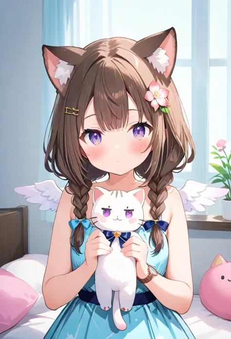  1 girl,  naked,   animal ears,  purple eyes,  brown hair, Wings, Alone,  long hair, , Cat ears, flower,  Watch Viewers,  braids, bow,  dress, pink flower, bow,  hair accessories, bangs,  Hair Flower,  animal earsの毛,  holding,  virtual YouTuber,  Blue Bow ...