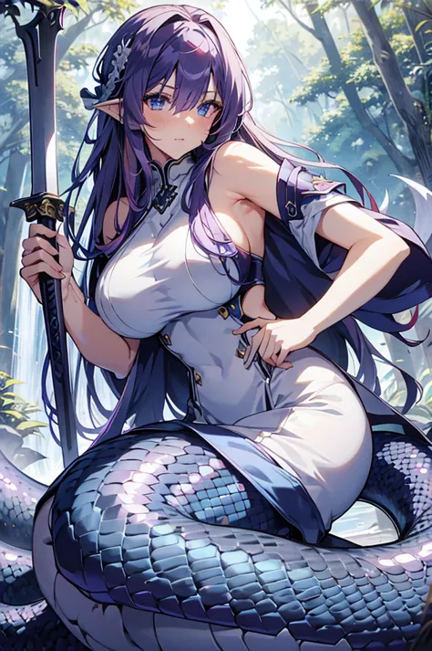 4K, high resolution, one woman,Lamia, purple hair, long hair, blue eyes, huge boobs,  Swordsman  ,White Armor, sleeveless, headband,Jewelry Decorations ,Long sword, in the forest 