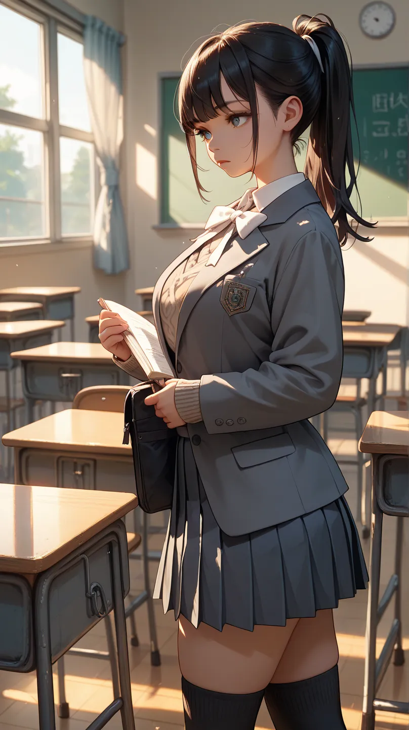   beautiful girl　   black hair　 ponytail　  Japanese High School Student Uniform　  gray blazer　  Grey Pleated Skirt 　  white ribbon　  black socks　 big breasted　   sweater　 standing　classroom