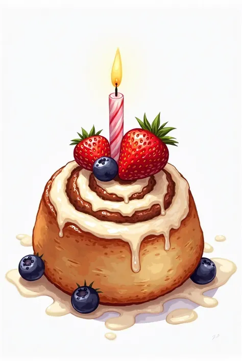 A drawing on a white background of a cinnamon roll with lots of icing and strawberries and blackberries on top and a birthday candle on top 