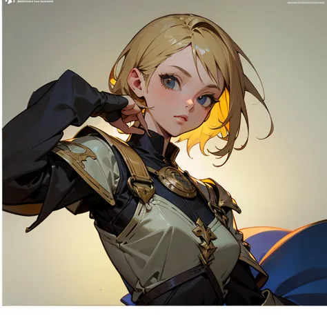 a halfbody ilustration, female character, 2d game art style human, medieval fantasy aesthetic, short yellow hair, detailed face, detailed drawing, detalied anatomy,