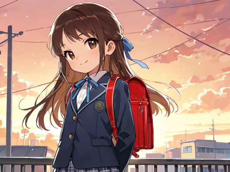 (Top Quality), (Very Aesthetic), (Super Detailed), (Best Illustration), Loli, Solo Female, female , Girl, half updo, Blue Ribbon, Long Hair, Straight Hair, Sideburns, Center Parting, Brown Hair, Brown Eyes, Smiling, (flat breast), (school uniform, blazer, ...