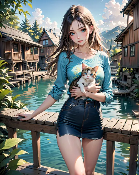 young woman, smiling, standing posed near wooden raft house, floating on river, she is hugging a siamese kitten, nice blue sky, BREAK, {forehead, long straight hair, black hair, , light-brown streaked hair, light-brown hilighted hair, light-brown ombre, 2 ...