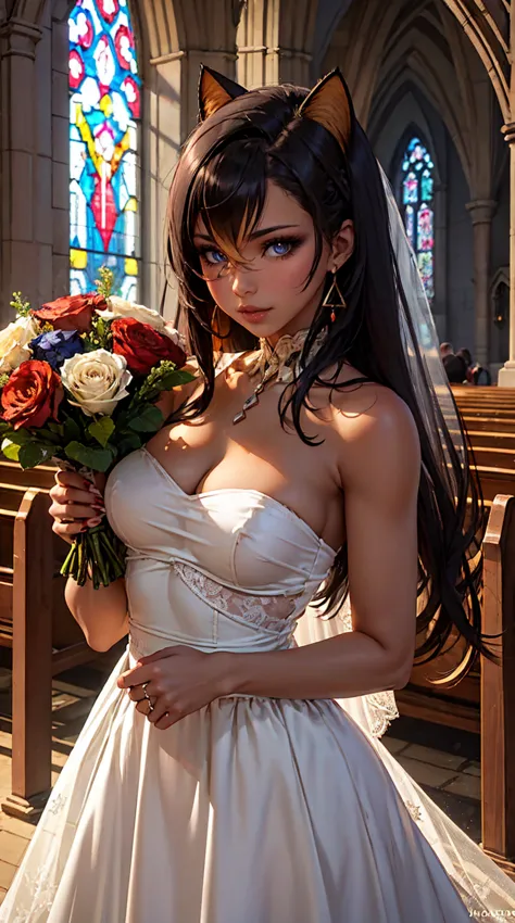 Beautiful black hair woman is shown to have a sexy figure. Tan skin, Cat ears, She is wearing a  beautiful  detailed wedding dress , jewelry, holding a bouquet of flowers, she has blue eyes, Girl standing in a church aisle, sexy session, front facing viewe...