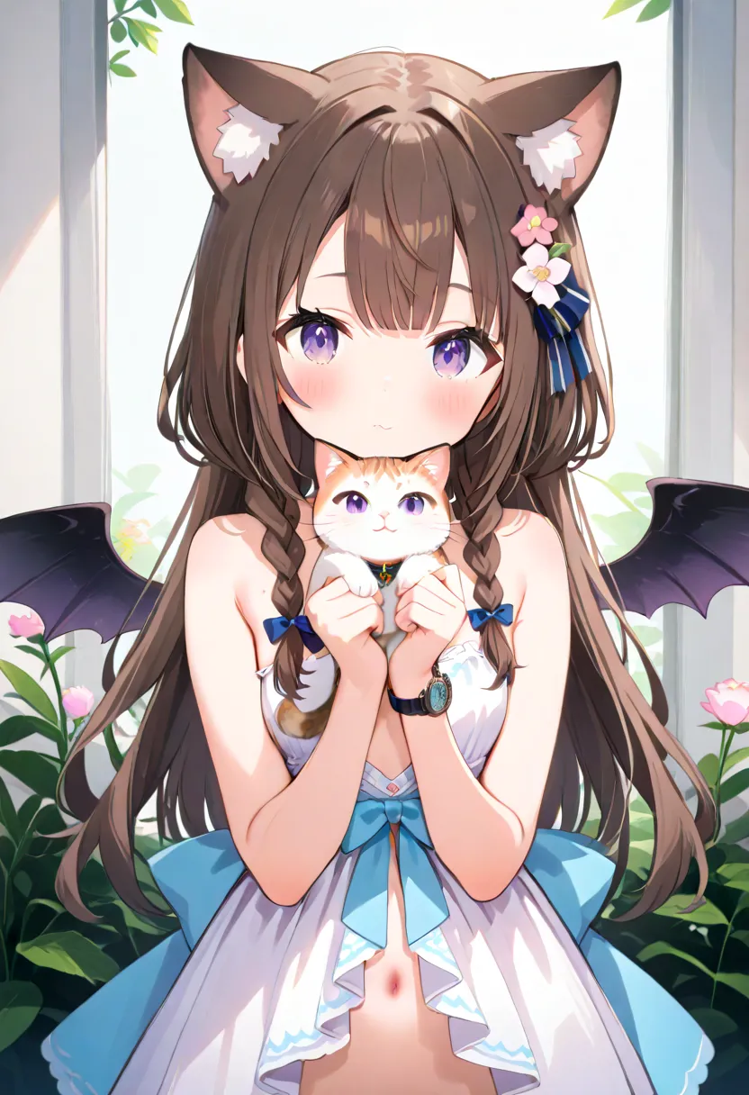  1 girl,  naked,   animal ears,  purple eyes,  brown hair, Wings, Alone,  long hair, , Cat ears, flower,  Watch Viewers,  braids, bow,  dress, pink flower, bow,  hair accessories, bangs,  Hair Flower,  animal earsの毛,  holding,  virtual YouTuber,  Blue Bow ...