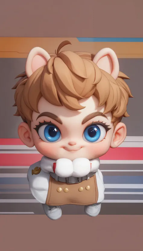 ( Q version cartoon style)，(9:16 vertical composition)，brave  protagonist，light brown fluffy short hair，raised a strand of hair，Big clear blue eyes(Long eyelashes)，crescent eyebrows，Shy smile ( Redness on the cheeks )，brown bib pants set( white underwear/s...