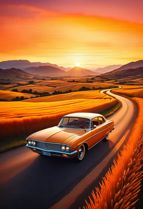 (((best quality))),(((ultra detailed))),(((masterpiece))),illustration,  vintage car, on winding road at sunset,scenic background, mountains fields, golden wheat waves, colorful sky with orange hues,romantic adventure atmosphere, soft lighting, warm glow b...