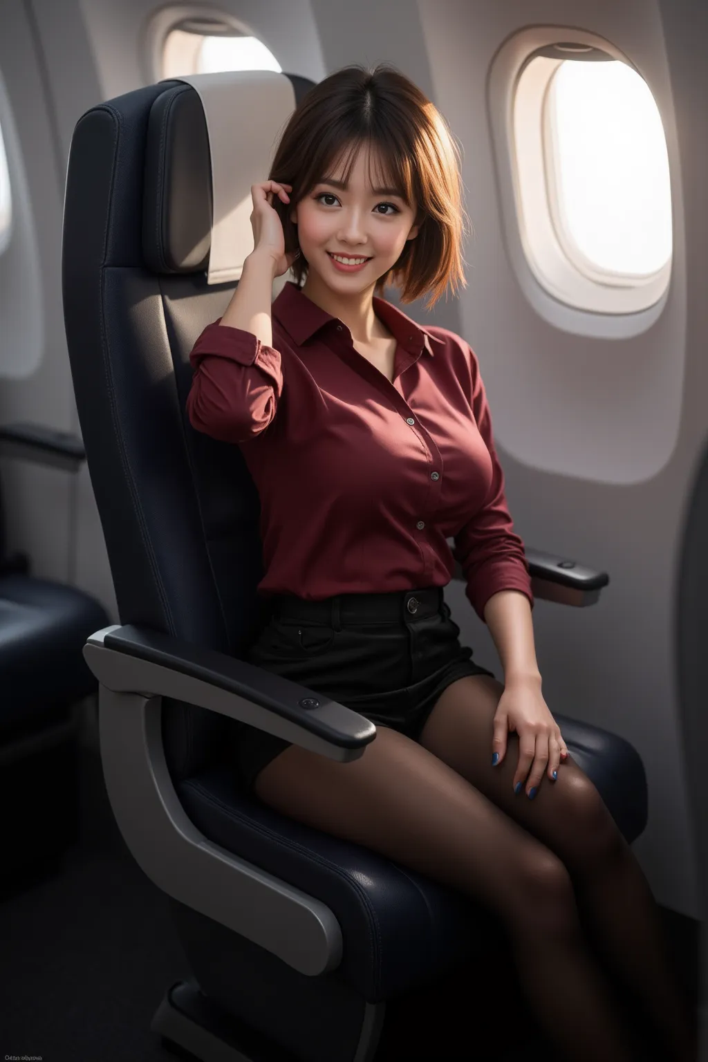   　　8K,  RAW photos ,  super A high resolution,  top quality , masterpiece:1.2), (realistic illustration ), (highly detailed CG Unity 8K wallpaper), ((full body image :1.5)), ((full body:1.5)), ((1 woman:1.5)), ((She is wearing wine red shirt and black for...