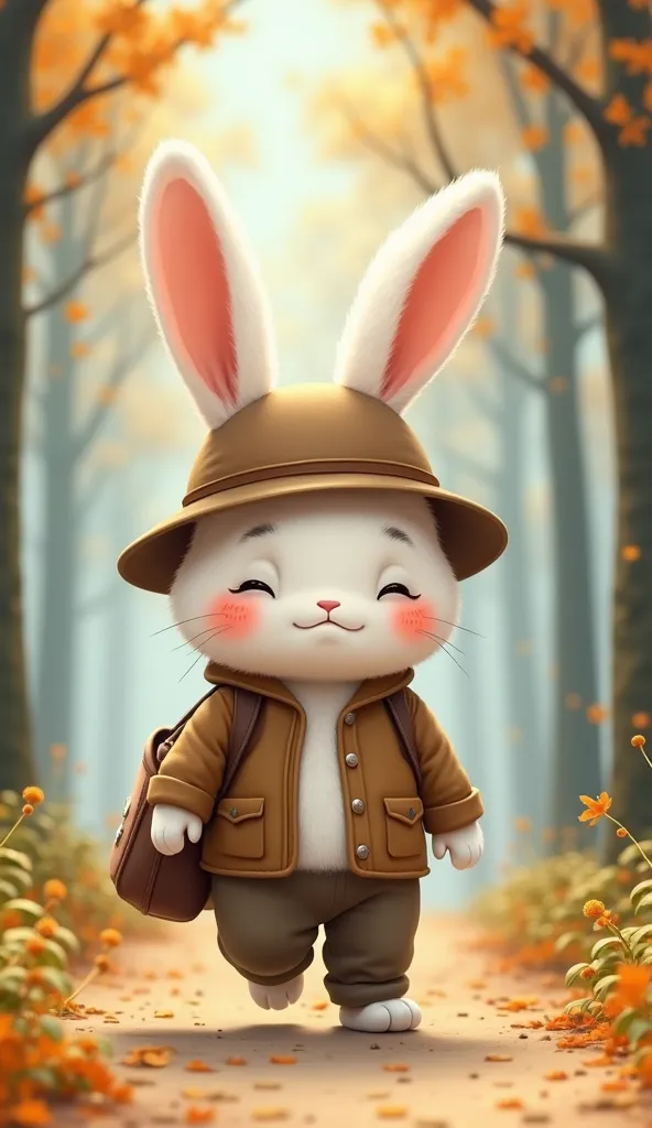 Displays a fluffy white rabbit walking , the rabbit walked away crying,on the body of the rabbit there are many specks of red spots,the bunny wears a brown jacket brown pants and wears a hat as well as carrying a bag,in the huta area there are many trees, ...