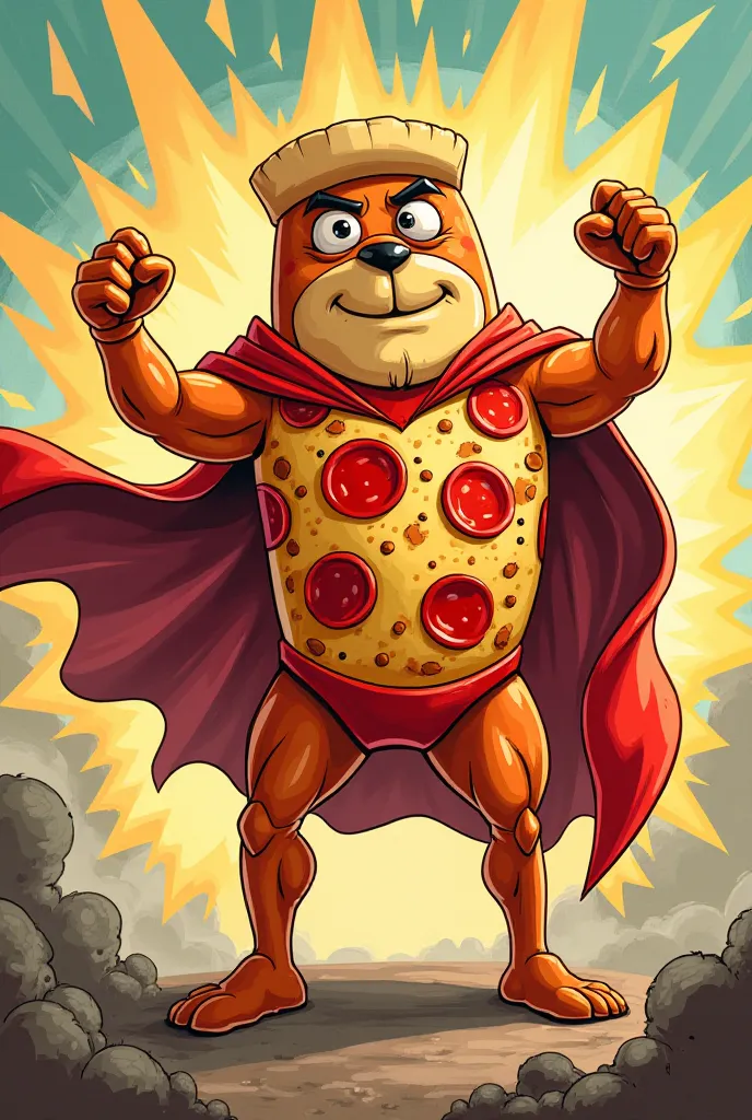 A pepperoni pizza with arms and potato legs in superhero mode but that's animation style for ren 