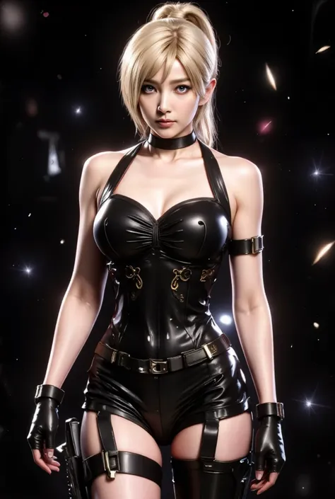 masterpiece, best quality, 1 girl, ada wong from Game Resident Evil Remake with face asian like pornstars nuked sexy, blonde hair, ponytail, blue eyes, vest with no bra, boots, hot dress, breasts large chest, cleavage, fingerless gloves, midriff, navel, pa...