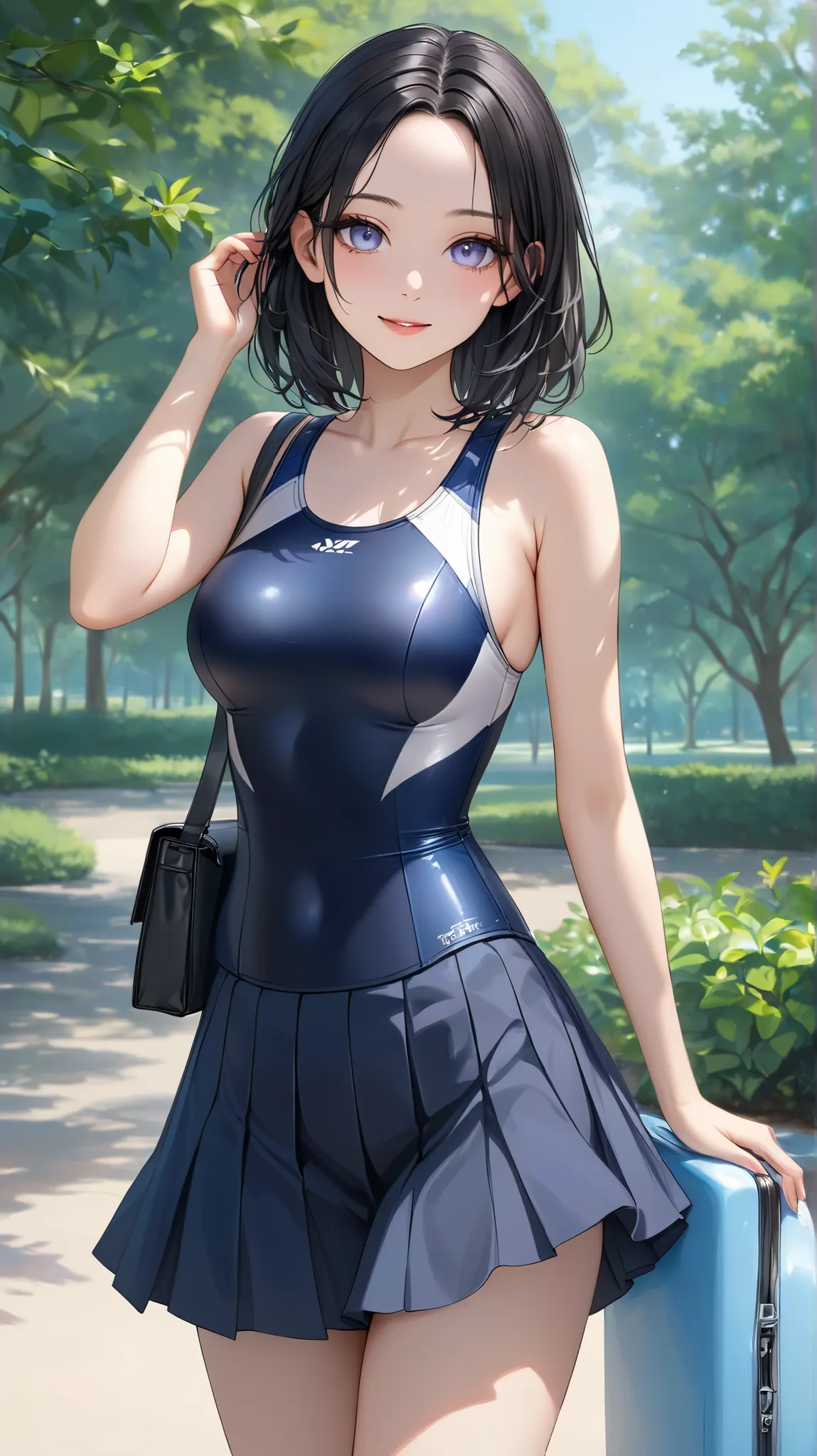 (masterpiece,best quality,ultra detailed,high resolution),(realistic:0.5),solo,lady,beautiful eyes,black hair,medium hair,Wearing a competition swimsuit under a business suit,navy-swimsuit,(skirt up),at the park,forehead,light-smile,