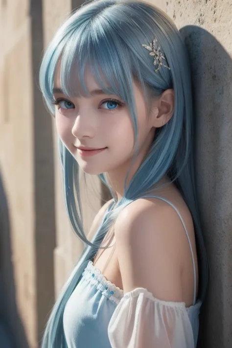 (Masterpiece), ( top quality), ( ultra detail ),( dischevel hair ),( illustration), ( One Girl ), is standing, smile, beautiful eyes in every detail , light blue eyes , detailed beautiful light blue hair, detail hair on the front of the wall , bangs, Best ...