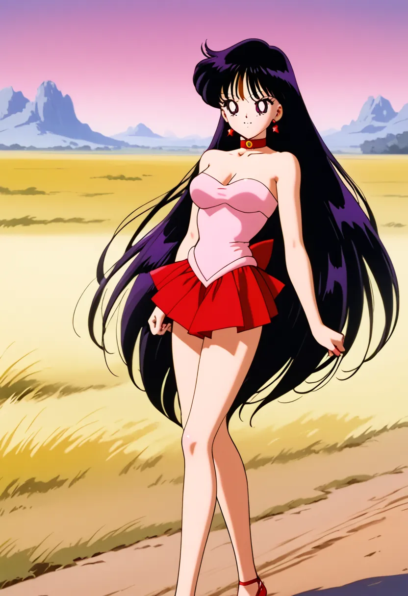 rei hino,  very long hair ,  black hair ,  split bangs ,  purple eyes,  90's style, 1 girl, alone,  best quality,  masterpiece,  high definition, strapless, a tight pink dress with short sleeves with bare shoulders,  of foot, arms at your sides, collar, in...