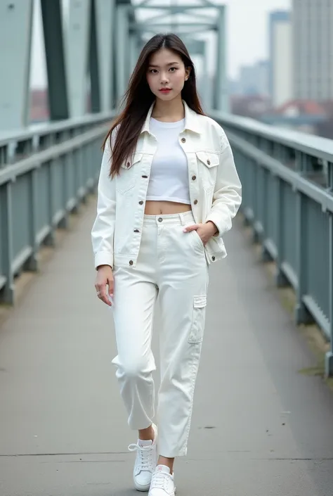 1 beautiful Asian woman, 25 years old, wearing a white T-shirt, covered with a white jacket jeans style, wearing white cargo pants, wearing sneakers, long hair, wearing white sneakers, standing on a bridge, the side of the bridge is made of iron