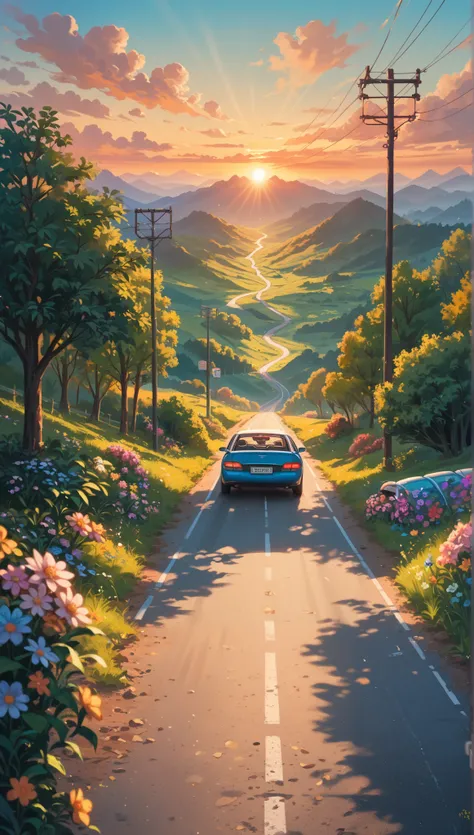 Road Trip, Warm Sunset Glow, Open Highway, Cheerful Atmosphere, Friends Traveling Together, Cozy Car Interior, Rolling Green Hills, Endless Road, Soft Breeze, Vibrant Sky with Orange, Pink, and Purple Hues, Carefree Laughter, Windows Down, Scenic Landscape...