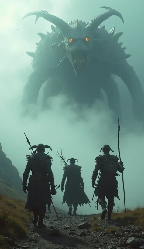 A cinematic, hyper-realistic scene at Table Mountain, South Africa, where three warrior-mages, inspired by African warrior traditions, march through the mist-covered plateau. One wields a glowing assegai spear, another an enchanted Nguni shield, and the th...