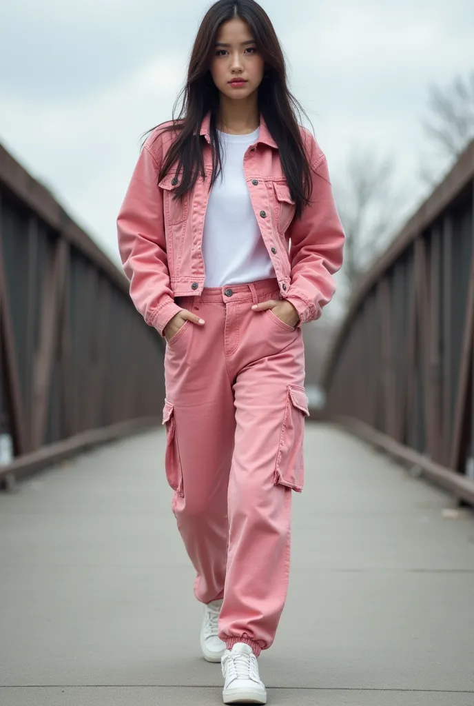 1 beautiful Asian woman, 25 years old, wearing a white T-shirt, covered with a pink jacket jeans style,wearing pink cargo pants, wearing sneakers, long hair, wearing white sneakers, standing on a bridge, the side of the bridge is made of iron