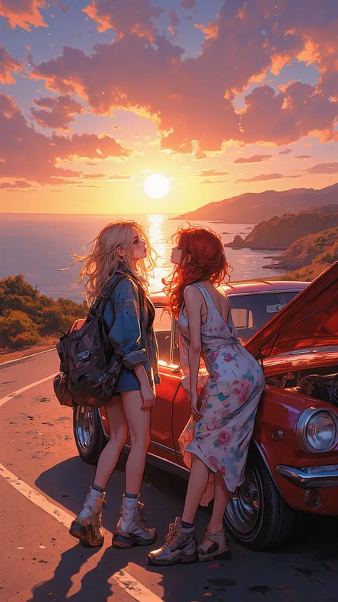 A high-resolution digital painting of two pretty females, one blonde and one redhead, watching a breathtaking sunset during their road trip. They stand beside their open hatch classic car, parked along a scenic coastal road. The blonde, with loose windswep...
