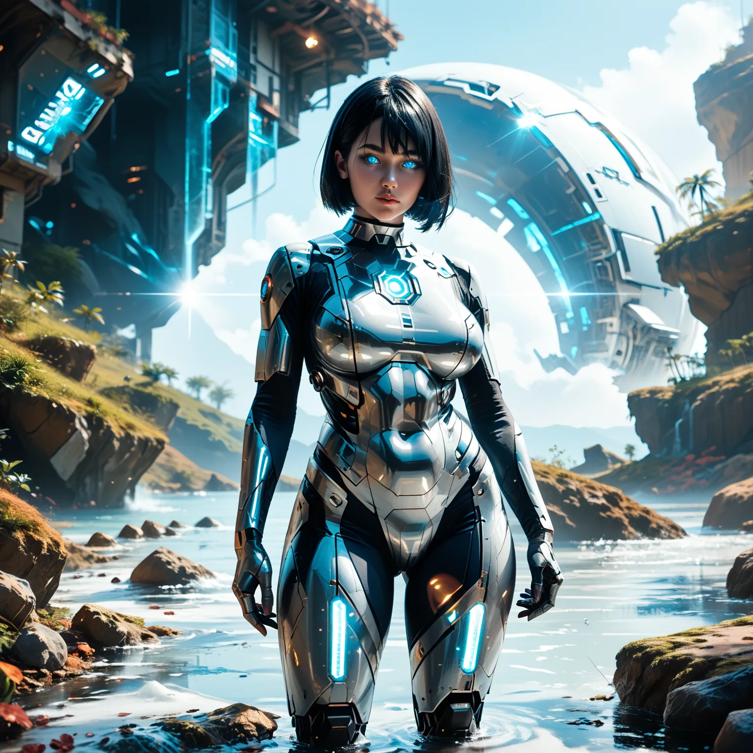 Mathilda, Robotic White skinned woman, Bob cut Black Hair, Large Breast, Voluptuous Build, wide hipped, thick thighs, wearing a White and Blue High Tech Astronaut Suit, iridescent White glowing glass eyes, standing on the Lunar surface, Advanced Lunar Rove...