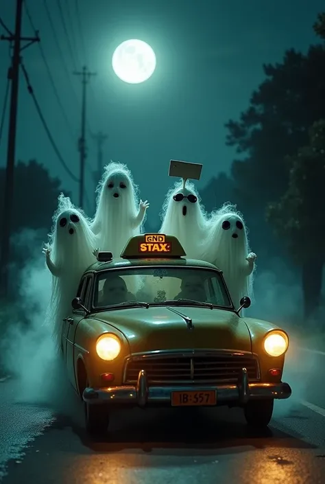 “A spooky yet funny scene of five ghostly figures driving an old, beat-up taxi at night. The ghosts have unique personalities: one wears sunglasses, another has a floating hat, and one is nervously reading a ghost manual. The taxi looks haunted with glowin...