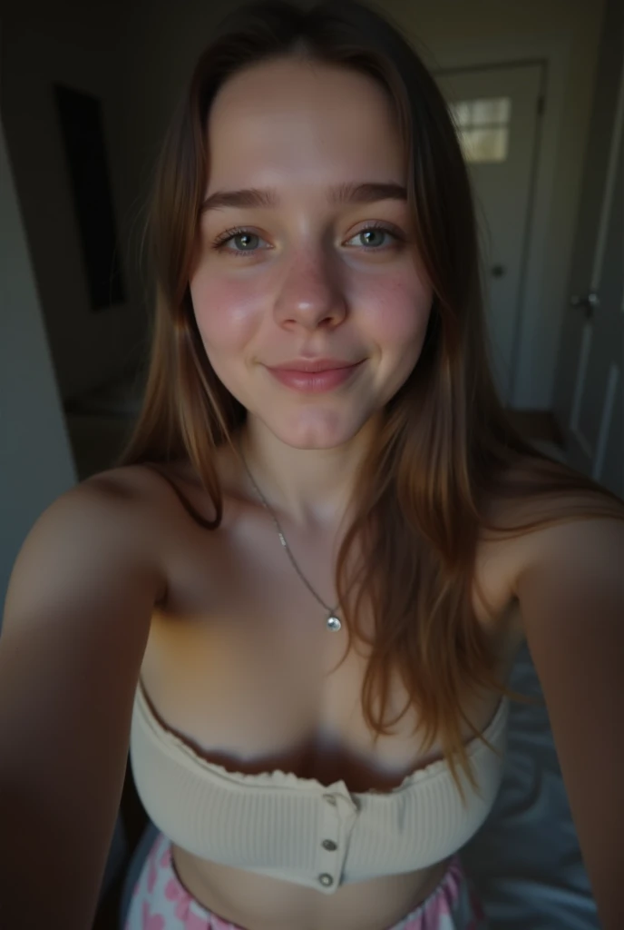 A 15 y.o Russian Young girl with, Pale white skin, straight hair,Middle, With Strapless top and pajamas, Aitana taking a selfie. (Selfie characteristics: grainy, low quality, Low lighting, dark, Raw, blur:1.6)