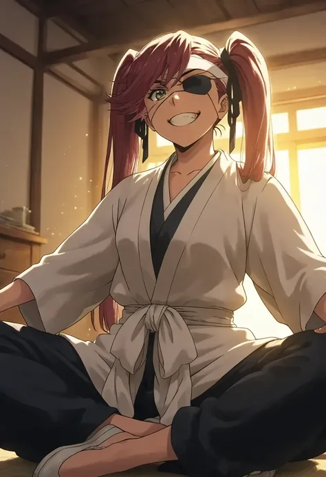 (anime screencap, masterpiece, best quality), 1girl, grin, indian style, sitting, backlighting