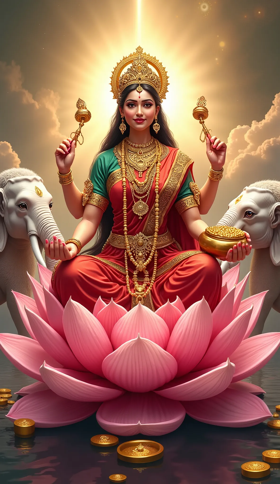 A majestic depiction of Goddess Maha Lakshmi, radiating divine grace and prosperity. She is seated on a fully bloomed pink lotus, adorned in a rich red and gold saree, with intricate jewelry shining brilliantly. Her four hands hold symbolic items: a lotus ...