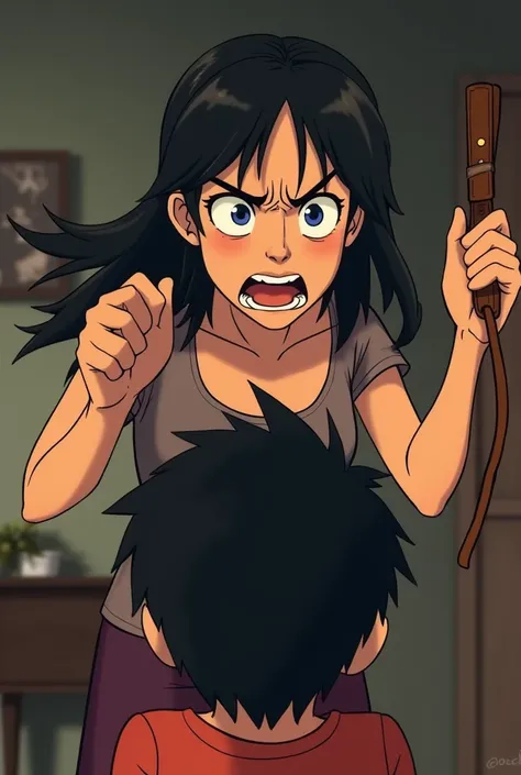 An animated image of an angry mother with a strap in her hands 