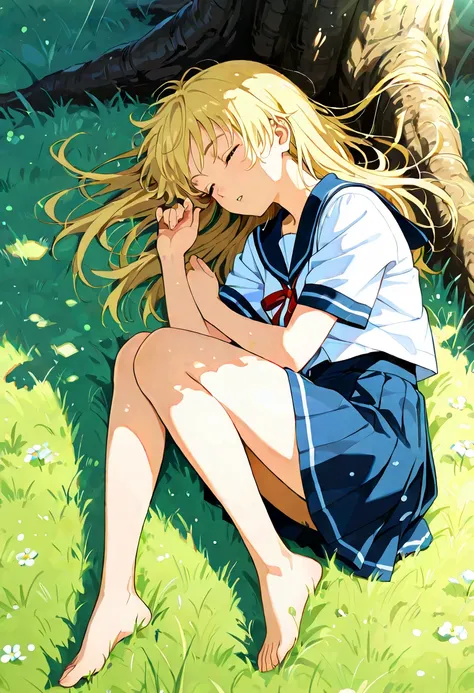 (There is a big tree)  (A girl is sleeping next to a big tree) 
(Side angle, close to the ground) Top quality, Masterpiece, Ultra high resolution,
Beautiful upper body, Detailed face, Beautiful upper body,
Beautiful lower body, Two perfect legs, Beautiful ...