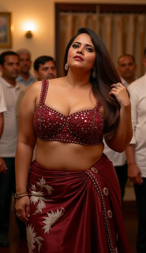 Full body image, extreme bottom view Full body image, indian hourglass body, Indian plus sized 25 year old Telugu bride anasuya, lovely face, mouth slightly open, large swooping breasts, belley button visible, seductive eyes expression, face lifted towards...