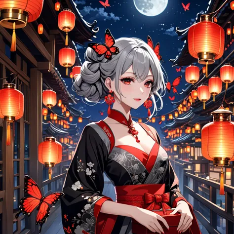 (( masterpiece,  best quality,  extremely detailed,   are ridiculous,  Very Aesthetic,  great quality)),  panorama, ( 1 girl, Alone,  Beautiful Double Knot Hairstyle , white &  gray hair),  Lantern Earrings ,  Earrings Shine , Women's Traditional Outfit , ...